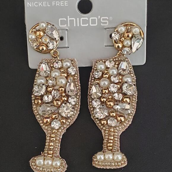 Chico's Champagne Glass Earrings Faux Pearls Gold‎ Tone Beads Crystals NWT - Picture 3 of 9